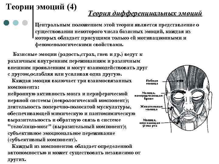 Теории эмоций (4) Теория дифференциальных эмоций Центральным положением этой теории является представление о существовании