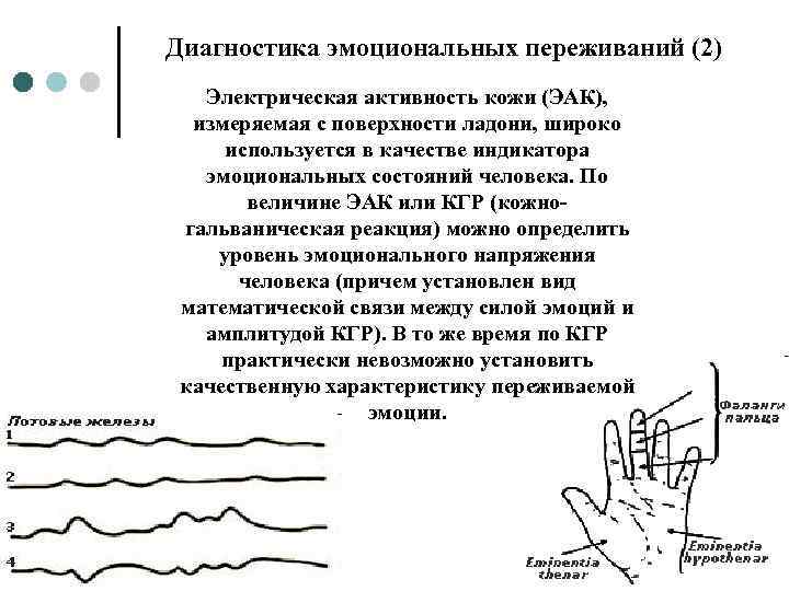Диагностика эмоциональных переживаний (2) Электрическая активность кожи (ЭАК), измеряемая с поверхности ладони, широко используется