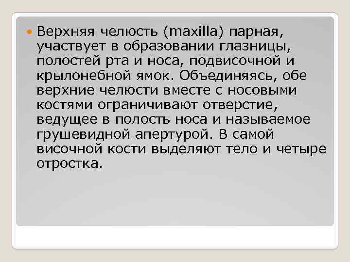  Верхняя челюсть (maxilla) парная, участвует в образовании глазницы, полостей рта и носа, подвисочной