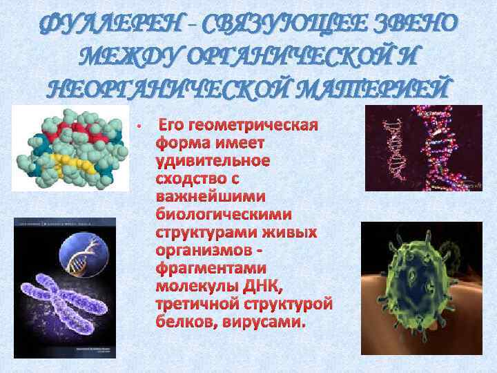 ФУЛЛЕРЕН - СВЯЗУЮЩЕЕ ЗВЕНО МЕЖДУ ОРГАНИЧЕСКОЙ И НЕОРГАНИЧЕСКОЙ МАТЕРИЕЙ • Его геометрическая форма имеет