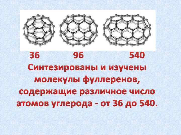 36 96 540 Синтезированы и изучены молекулы фуллеренов, содержащие различное число атомов углерода -