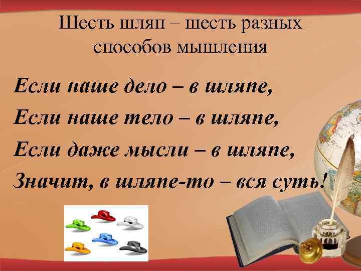 Шесть шляп – шесть разных способов мышления Если наше дело – в шляпе, Если