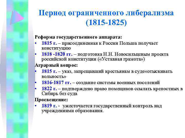 Составьте развернутый план по теме попытки либеральных преобразований в россии в 1815 1825