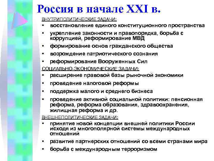 Россия в начале ХХI в. ВНУТРИПОЛИТИЧЕСКИЕ ЗАДАЧИ: • • • восстановление единого конституционного пространства