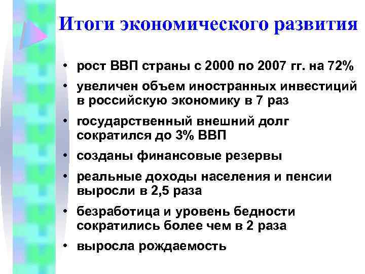 Итоги экономического развития • рост ВВП страны с 2000 по 2007 гг. на 72%