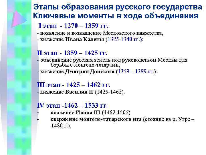 Этапы образования русского государства Ключевые моменты в ходе объединения I этап - 1270 –