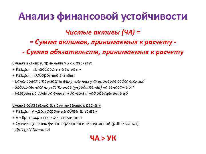 Анализ финансовой устойчивости Чистые активы (ЧА) = = Сумма активов, принимаемых к расчету -