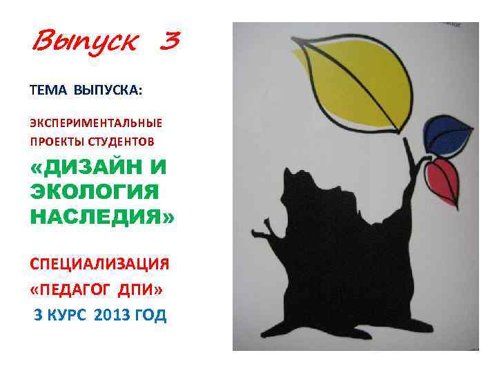 Выпуск 3 ТЕМА ВЫПУСКА: ЭКСПЕРИМЕНТАЛЬНЫЕ ПРОЕКТЫ СТУДЕНТОВ «ДИЗАЙН И ЭКОЛОГИЯ НАСЛЕДИЯ» СПЕЦИАЛИЗАЦИЯ «ПЕДАГОГ ДПИ»
