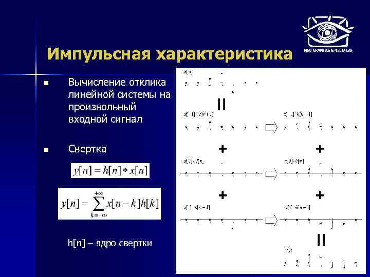 Импульсная характеристика n Вычисление отклика линейной системы на произвольный входной сигнал n Свертка h[n]