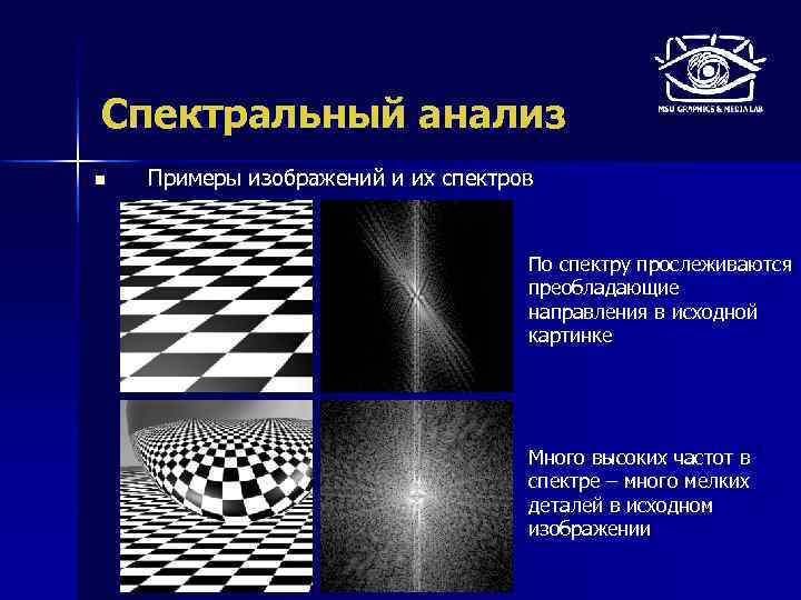 Спектральный анализ n Примеры изображений и их спектров По спектру прослеживаются преобладающие направления в