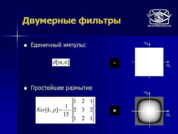 Двумерные фильтры n Единичный импульс ωy ωx n Простейшее размытие ωy ωx 