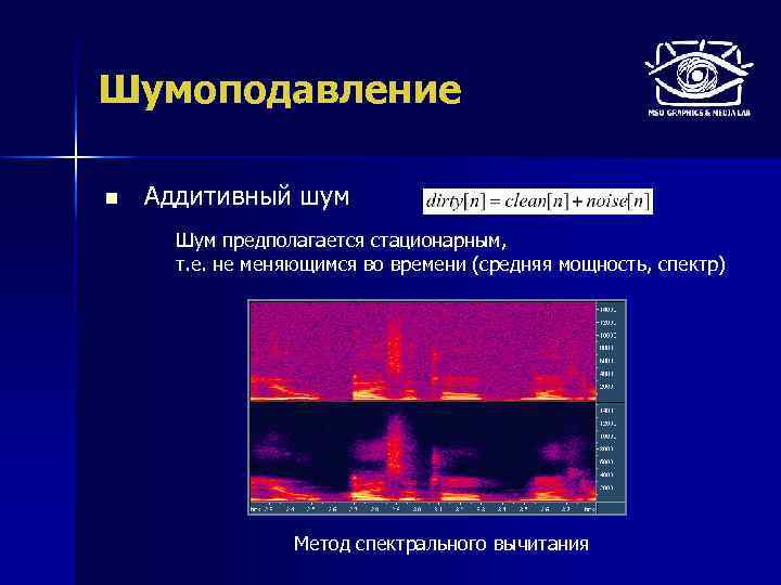 Шумоподавление n Аддитивный шум Шум предполагается стационарным, т. е. не меняющимся во времени (средняя