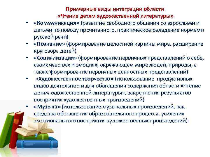  • • • Примерные виды интеграции области «Чтение детям художественной литературы» «Коммуникация» (развитие