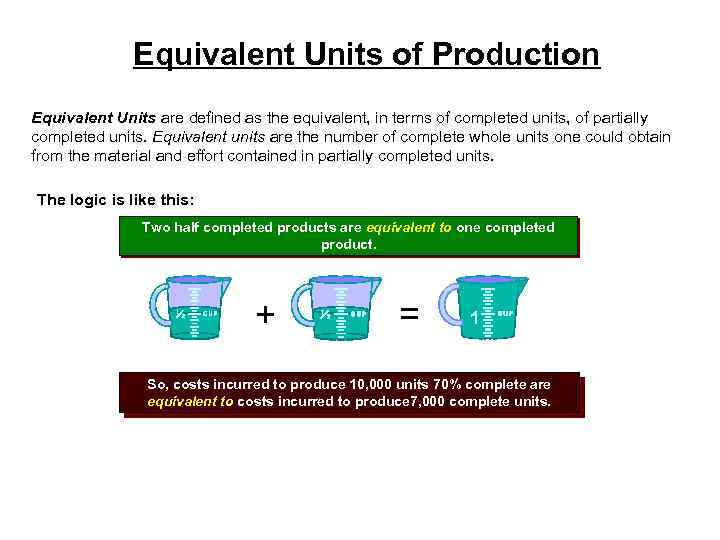 Equivalent Units of Production Equivalent Units are defined as the equivalent, in terms of