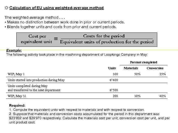 ☼ Calculation of EU using weighted-average method The weighted-average method. . . • Makes