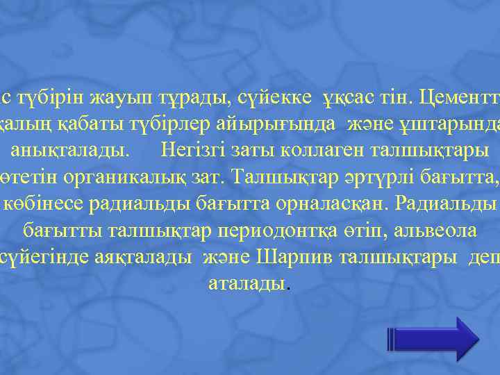 іс түбірін жауып тұрады, сүйекке ұқсас тін. Цементті қалың қабаты түбірлер айырығында және ұштарында