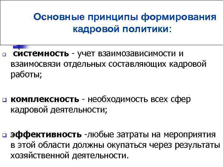 Основные принципы формирования кадровой политики: q q q системность - учет взаимозависимости и взаимосвязи