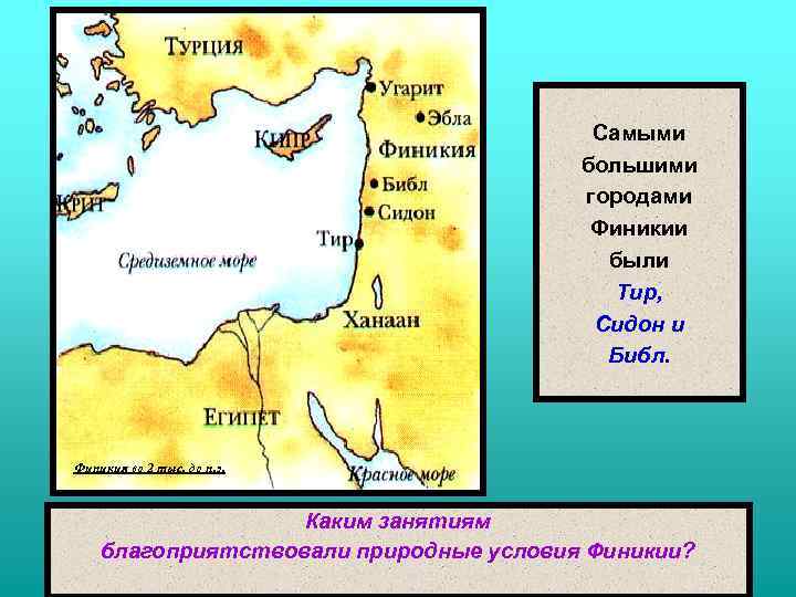 Самыми большими городами Финикии были Тир, Сидон и Библ. Финикия во 2 тыс. до
