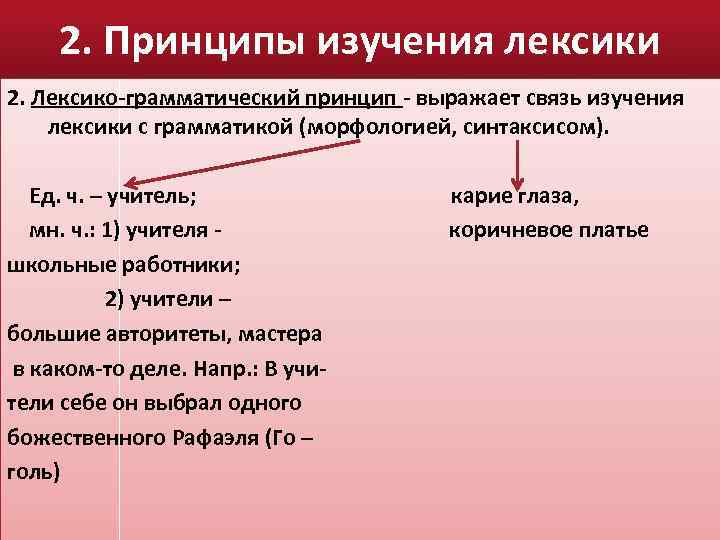 2. Принципы изучения лексики 2. Лексико-грамматический принцип - выражает связь изучения лексики с грамматикой