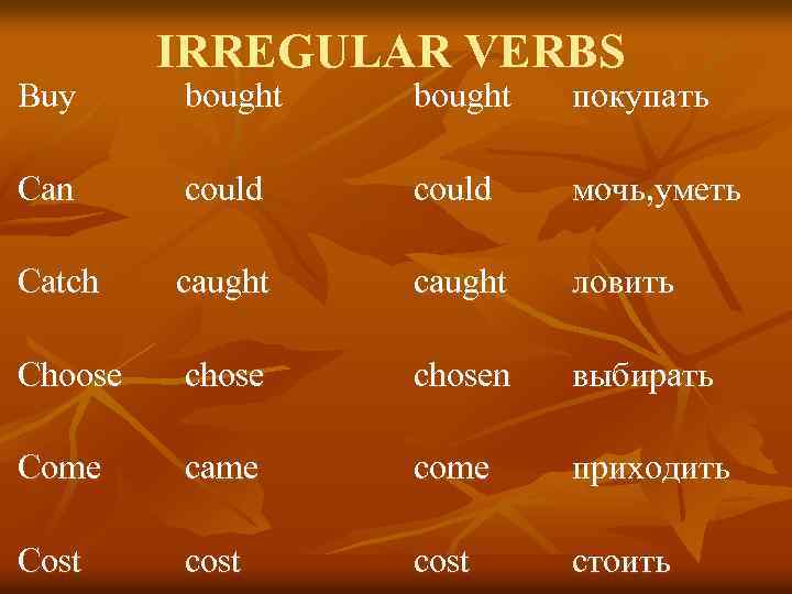 Buy IRREGULAR VERBS bought покупать Сan could мочь, уметь Catch caught ловить Choose chosen