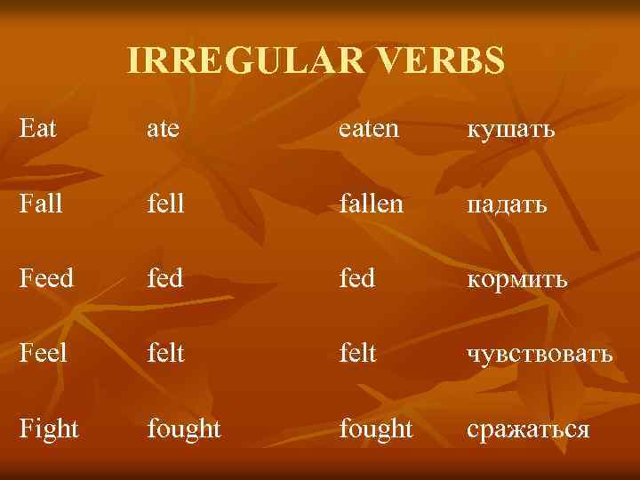 IRREGULAR VERBS Eat ate eaten кушать Fall fell fallen падать Feed fed кормить Feel