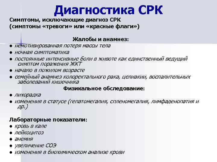 Диагностика СРК Симптомы, исключающие диагноз СРК (симптомы «тревоги» или «красные флаги» ) Жалобы и