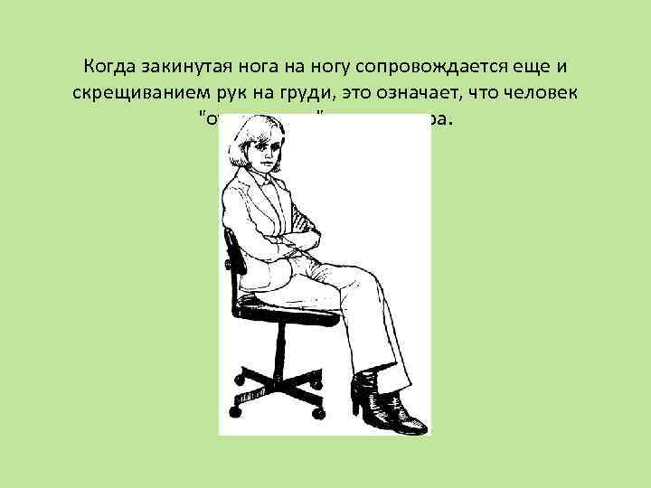 Когда закинутая нога на ногу сопровождается еще и скрещиванием рук на груди, это означает,