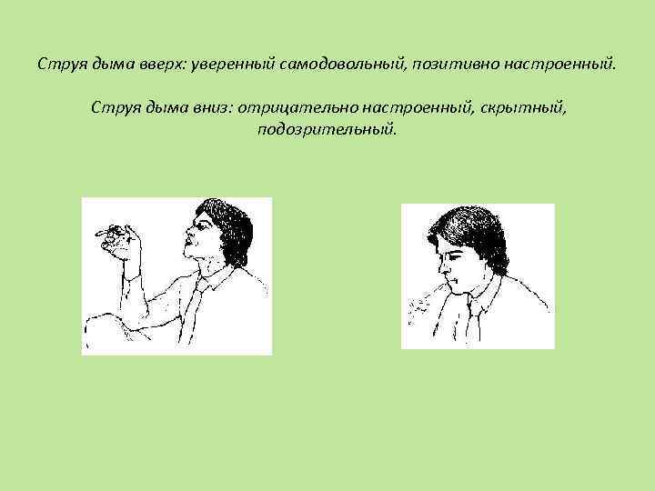 Струя дыма вверх: уверенный самодовольный, позитивно настроенный. Струя дыма вниз: отрицательно настроенный, скрытный, подозрительный.