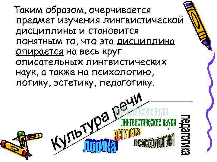 Таким образом, очерчивается предмет изучения лингвистической дисциплины и становится понятным то, что эта дисциплина