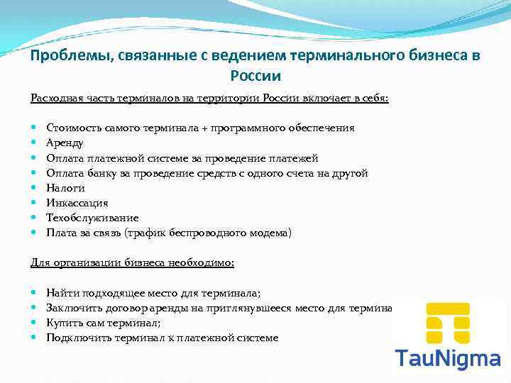 Проблемы, связанные с ведением терминального бизнеса в России Расходная часть терминалов на территории России