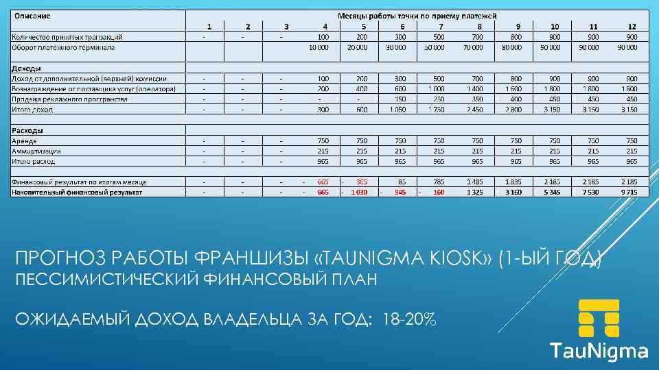 ПРОГНОЗ РАБОТЫ ФРАНШИЗЫ «TAUNIGMA KIOSK» (1 -ЫЙ ГОД) ПЕССИМИСТИЧЕСКИЙ ФИНАНСОВЫЙ ПЛАН ОЖИДАЕМЫЙ ДОХОД ВЛАДЕЛЬЦА