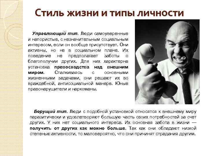 Стиль жизни и типы личности Управляющий тип. Люди самоуверенные и напористые, с незначительным социальным
