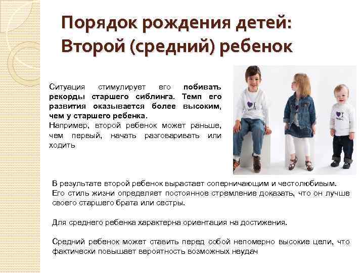 Порядок рождения детей: Второй (средний) ребенок Ситуация стимулирует его побивать рекорды старшего сиблинга. Темп