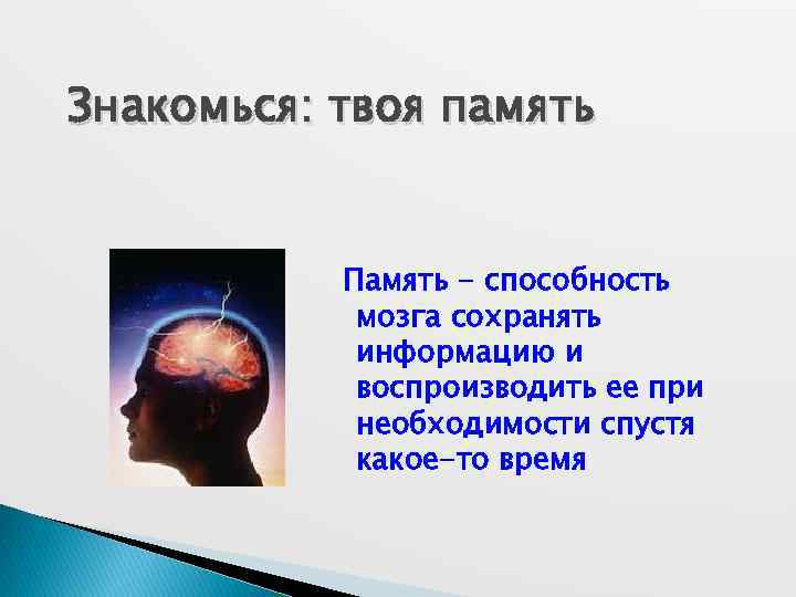 Знакомься: твоя память Память - способность мозга сохранять информацию и воспроизводить ее при необходимости