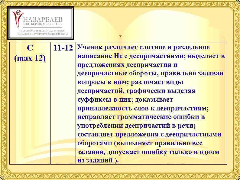 C 11 -12 Ученик различает слитное и раздельное написание Не с деепричастиями; выделяет в