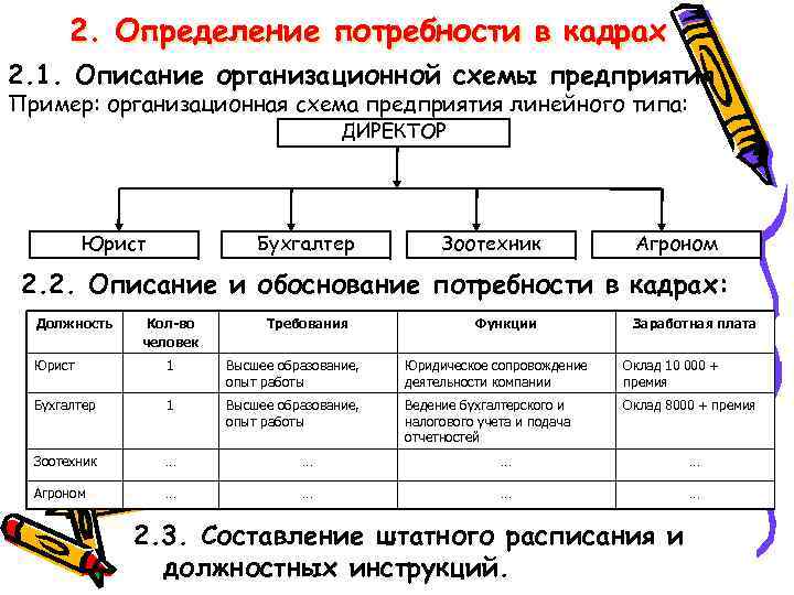 2. Определение потребности в кадрах 2. 1. Описание организационной схемы предприятия Пример: организационная схема