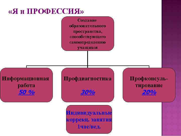  «Я и ПРОФЕССИЯ» Создание образовательного пространства, способствующего самоопределению учащихся Информационная работа 50 %
