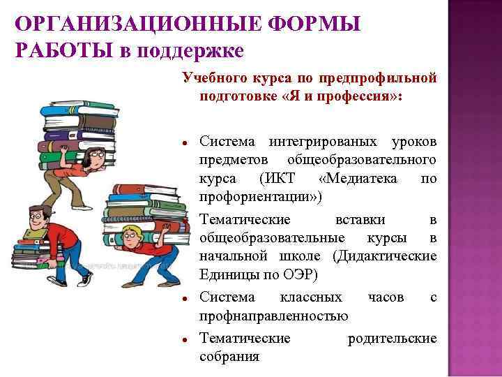 ОРГАНИЗАЦИОННЫЕ ФОРМЫ РАБОТЫ в поддержке Учебного курса по предпрофильной подготовке «Я и профессия» :