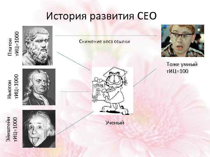 Платон т. ИЦ=1000 История развития СЕО Снижение веса ссылки Эйнштейн т. ИЦ=1000 Ньютон т.