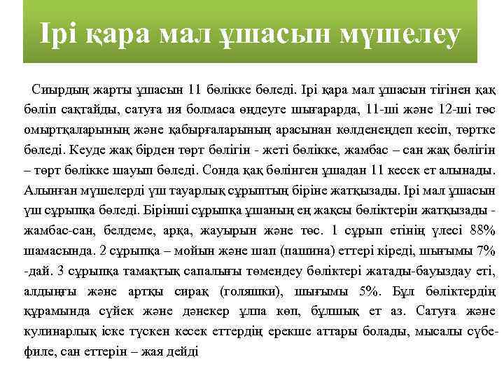 Ірі қара мал ұшасын мүшелеу Сиырдың жарты ұшасын 11 бөлікке бөледі. Ірі қара мал