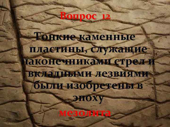 Вопрос 12 Тонкие каменные пластины, служащие наконечниками стрел и вкладными лезвиями были изобретены в