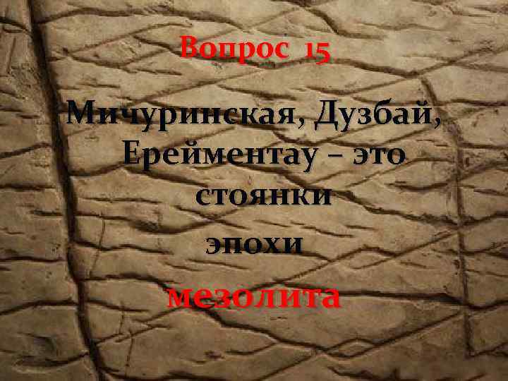 Вопрос 15 Мичуринская, Дузбай, Ерейментау – это стоянки эпохи мезолита 
