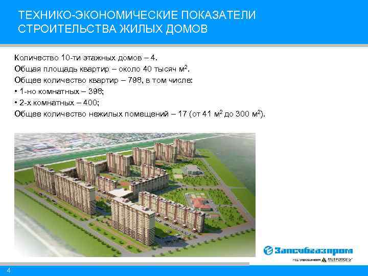 ТЕХНИКО-ЭКОНОМИЧЕСКИЕ ПОКАЗАТЕЛИ СТРОИТЕЛЬСТВА ЖИЛЫХ ДОМОВ Количество 10 -ти этажных домов – 4. Общая площадь