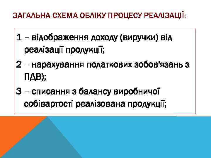 ЗАГАЛЬНА СХЕМА ОБЛІКУ ПРОЦЕСУ РЕАЛІЗАЦІЇ: 1 – відображення доходу (виручки) від реалізації продукції; 2