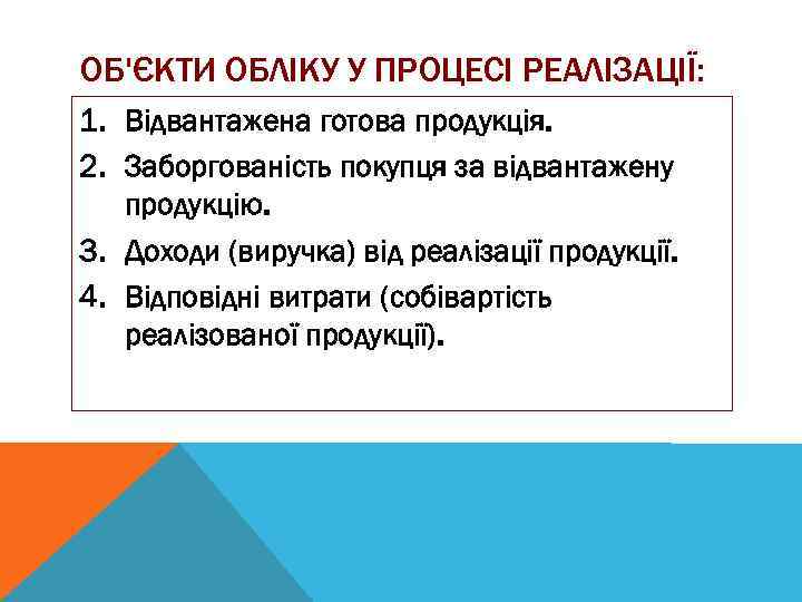 ОБ'ЄКТИ ОБЛІКУ У ПРОЦЕСІ РЕАЛІЗАЦІЇ: 1. Відвантажена готова продукція. 2. Заборгованість покупця за відвантажену