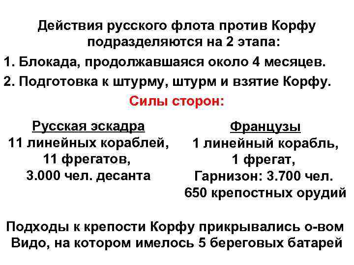 Действия русского флота против Корфу подразделяются на 2 этапа: 1. Блокада, продолжавшаяся около 4