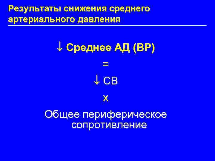Результаты снижения среднего артериального давления Среднее АД (BP) = СВ x Общее периферическое сопротивление