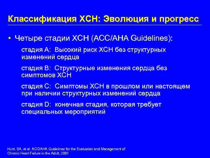 Классификация ХСН: Эволюция и прогресс • Четыре стадии ХСН (ACC/AHA Guidelines): стадия A: Высокий