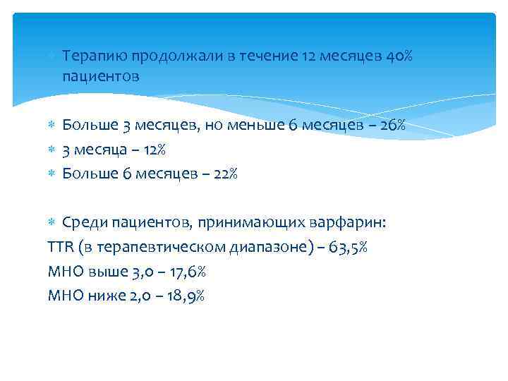  Терапию продолжали в течение 12 месяцев 40% пациентов Больше 3 месяцев, но меньше