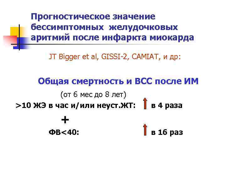 Прогностическое значение бессимптомных желудочковых аритмий после инфаркта миокарда JT Bigger et al, GISSI-2, CAMIAT,